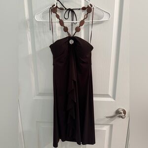 Cache Strapless Dark Brown Halter Maxi Dress with Front Ruffle